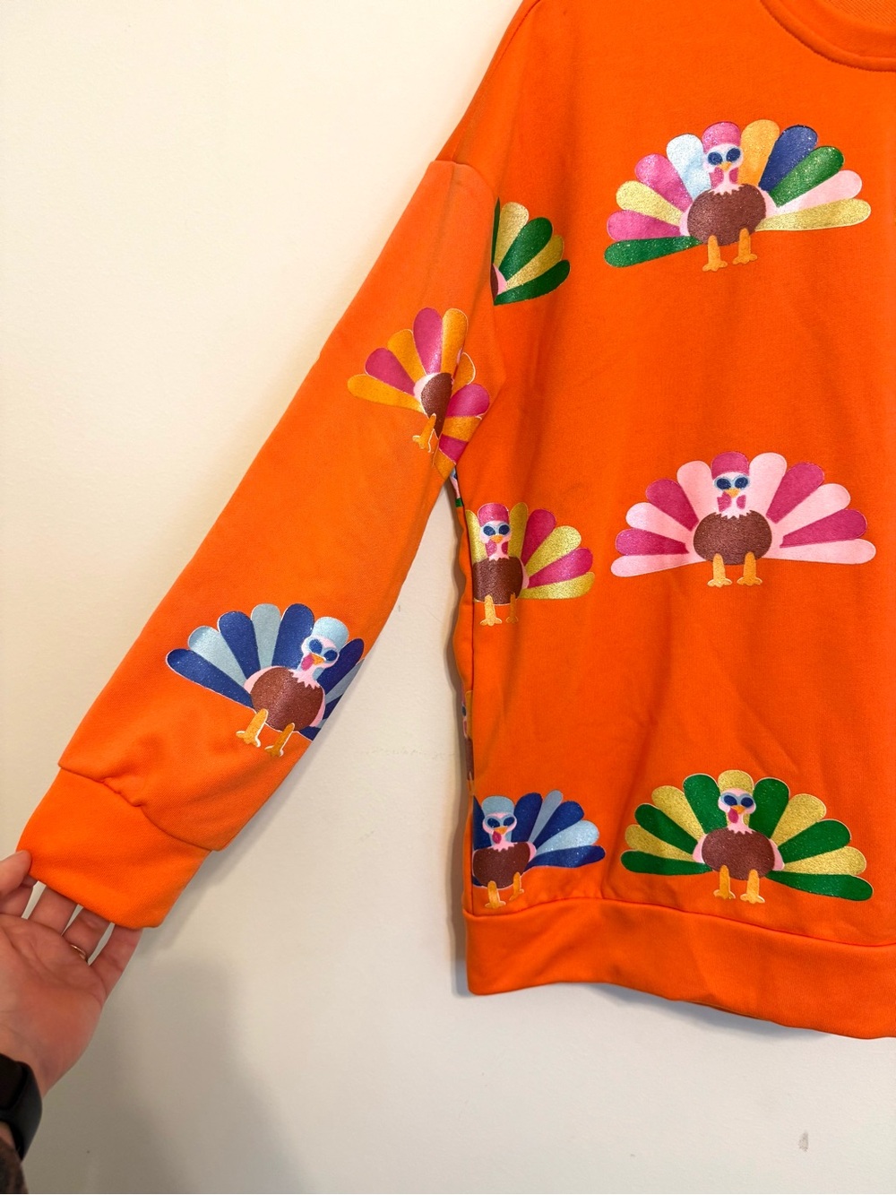 2/$30 Thanksgiving Turkey Graphic Sweatshirt Size Small Orange Glitter Pullover - Picture 4 of 7